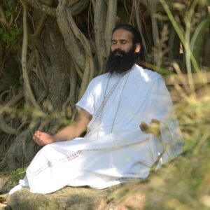 A serene moment of spiritual meditation under a banyan tree in Rishikesh, India.